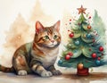 Christmas cat with tree and decoration cartoon Royalty Free Stock Photo