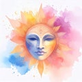 Sun face watercolor illustration with pastel violet and peach shades mystical dreamy fantasy celestial portrait Royalty Free Stock Photo