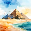 Watercolor illustration of Egyptian pyramids in desert landscape with traveler walking at sunrise Royalty Free Stock Photo