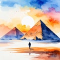 Watercolor illustration of Egyptian pyramids in desert landscape with traveler walking at sunrise Royalty Free Stock Photo