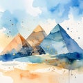 Watercolor illustration of Egyptian pyramids in desert landscape with traveler walking at sunrise Royalty Free Stock Photo