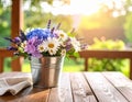 Summer Bouquet in Metal Bucket on Wooden Table Royalty Free Stock Photo