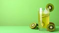 Glass of refreshing drink and cut kiwi on green background, space for text Royalty Free Stock Photo