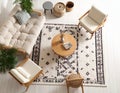 Cozy room interior with stylish furniture and soft carpet with beautiful pattern Royalty Free Stock Photo