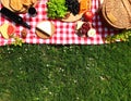 Flat lay composition with picnic basket and products on checkered blanket outdoor Royalty Free Stock Photo