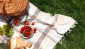 Flat lay composition with picnic basket and products on checkered blanket outdoor Royalty Free Stock Photo