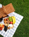 Flat lay composition with picnic basket and products on checkered blanket outdoor Royalty Free Stock Photo