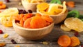 Composition with different dried fruits on wooden background, closeup. Healthy lifest Royalty Free Stock Photo