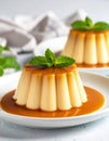 Karamel soslu lezzetli puding ve sofrada nane Royalty Free Stock Photo