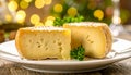 Two slices of havarti with visible texture on white ceramic plate soft bokeh background Royalty Free Stock Photo