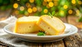 Two slices of havarti with visible texture on white ceramic plate soft bokeh background Royalty Free Stock Photo