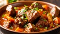 Close-up of beef stew chunks in sauce macro detail soft background blur Royalty Free Stock Photo