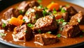 Close-up of beef stew chunks in sauce macro detail soft background blur Royalty Free Stock Photo