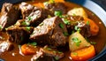 Close-up of beef stew chunks in sauce macro detail soft background blur Royalty Free Stock Photo