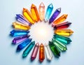 âColorful chakra crystals arranged in circle, energy flow visualization, soft light' Royalty Free Stock Photo
