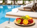 Plate with fresh fruits on table near sun lounger, space for text. Luxury resort Royalty Free Stock Photo