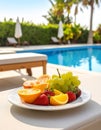 Plate with fresh fruits on table near sun lounger, space for text. Luxury resort Royalty Free Stock Photo
