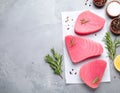 Raw tuna fillets with herbs and spices on gray table, flat lay. Space for text Royalty Free Stock Photo