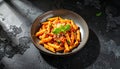 Single plate of penne arrabbiata on dark stone surface with dramatic shadows Royalty Free Stock Photo