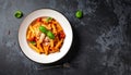 Single plate of penne arrabbiata on dark stone surface with dramatic shadows Royalty Free Stock Photo