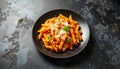 Single plate of penne arrabbiata on dark stone surface with dramatic shadows Royalty Free Stock Photo