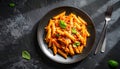 Single plate of penne arrabbiata on dark stone surface with dramatic shadows Royalty Free Stock Photo