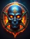 striking artistic depiction of a blue skull with glowing orange eyes, surrounded by flames and a star emblem, mysticism and power. Royalty Free Stock Photo