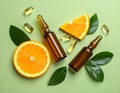 Skincare ampoules with vitamin C, slices of orange and leaves on light green bnd Royalty Free Stock Photo