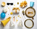 Flat lay composition with different items for surprise party on white background Royalty Free Stock Photo