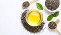 Composition with jar of chia oil and seeds on white background, top view Royalty Free Stock Photo