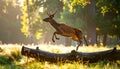 Wild Deer Jumping in Forest Clearing at Morning Light Royalty Free Stock Photo