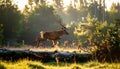 Wild Deer Jumping in Forest Clearing at Morning Light Royalty Free Stock Photo