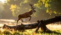 Wild Deer Jumping in Forest Clearing at Morning Light Royalty Free Stock Photo