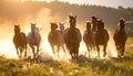 Wild Horses Running Through Meadow with Sunlit Dust Royalty Free Stock Photo