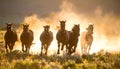 Wild Horses Running Through Meadow with Sunlit Dust Royalty Free Stock Photo