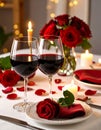Romantic table setting with glasses of red wine, rose flowers and burning candles Royalty Free Stock Photo