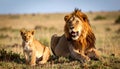 Lion and cub Wildlife Animals Mammals at the savannah grassland wilderness hill Royalty Free Stock Photo