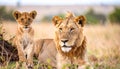 Lion and cub Wildlife Animals Mammals at the savannah grassland wilderness hill Royalty Free Stock Photo