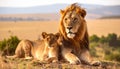 Lion and cub Wildlife Animals Mammals at the savannah grassland wilderness hill Royalty Free Stock Photo