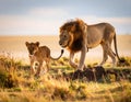 Lion and cub Wildlife Animals Mammals at the savannah grassland wilderness hill Royalty Free Stock Photo