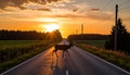 Deer crossing a country road at sunset. The animal\'s silhouette is clearly visible Royalty Free Stock Photo
