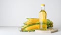 Bottle of corn oil and fresh cobs on table against light wall Royalty Free Stock Photo