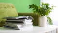 Stack of Magazines on White Table with Green Plant Decor Royalty Free Stock Photo