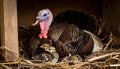 A female turkey is incubating her newly hatched chicks in the nest. This animal Royalty Free Stock Photo