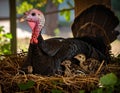 A female turkey is incubating her newly hatched chicks in the nest. This animal Royalty Free Stock Photo