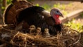 A female turkey is incubating her newly hatched chicks in the nest. This animal Royalty Free Stock Photo