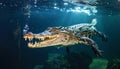 A powerful and fearsome crocodile swimming underwater in a dark aquatic environment. Royalty Free Stock Photo