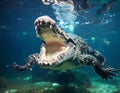 A powerful and fearsome crocodile swimming underwater in a dark aquatic environment. Royalty Free Stock Photo