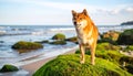 A red Shiba inu dog is standing on the mossy stone on the Baltic sea beach at Spring Royalty Free Stock Photo