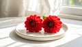 Two red dahlias on a ceramic plate by a window with soft morning sunlight Royalty Free Stock Photo